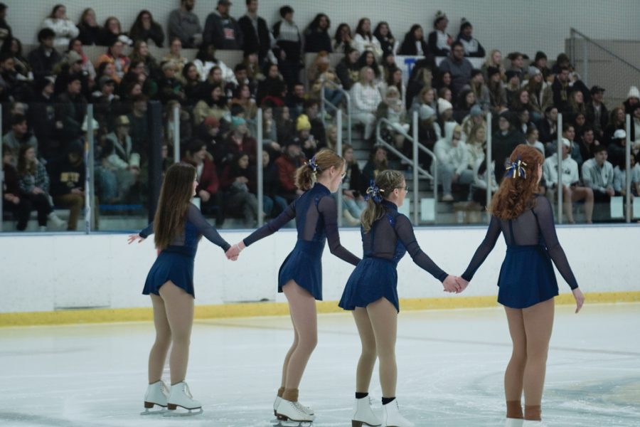Image of four team members skating holding hands during a hockey performance.